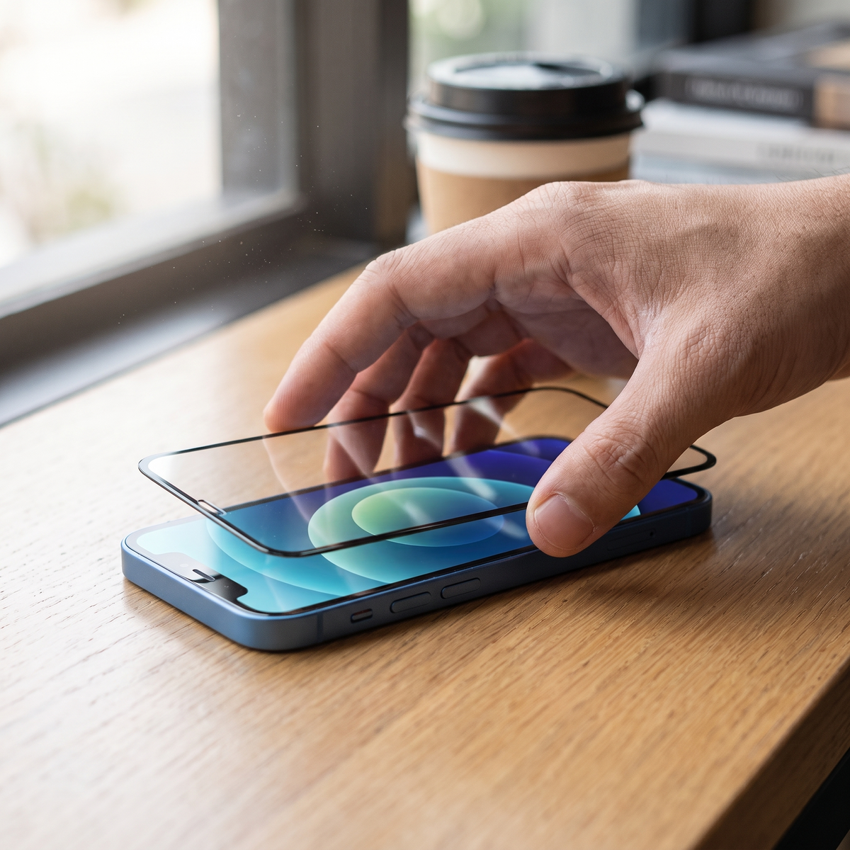 Main appliquant le verre trempé LE BON DEAL sur un iPhone